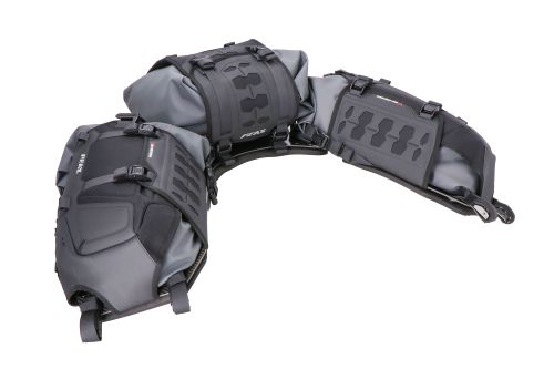 Grey and black motorcycle saddlebags designed for vehicle rear storage, featuring durable material.